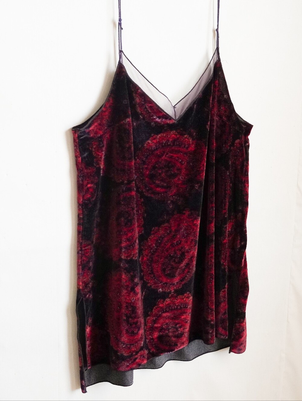 Free People Velvet Paisley Cami Tank Top M Burgundy Black Mesh